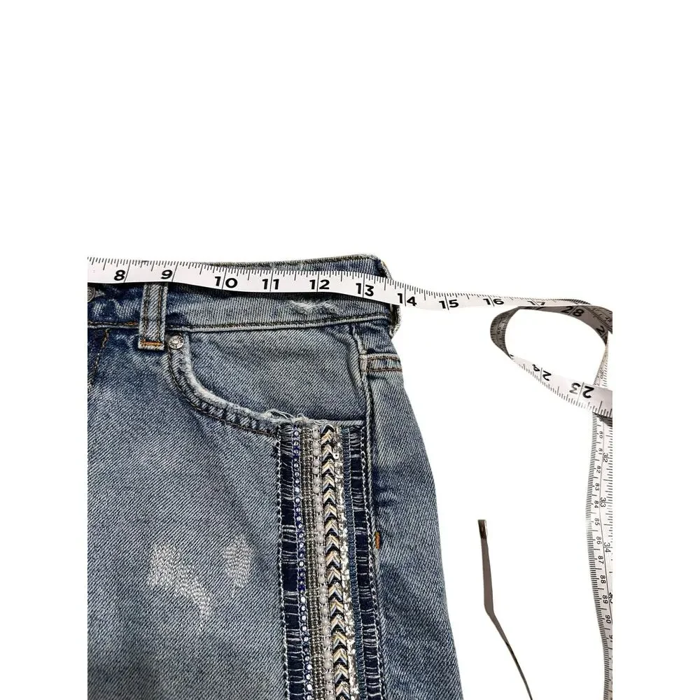 Free People Denim Mini Skirt Beaded Embellished Size 0 Raw Hem - Picture 5 of 9